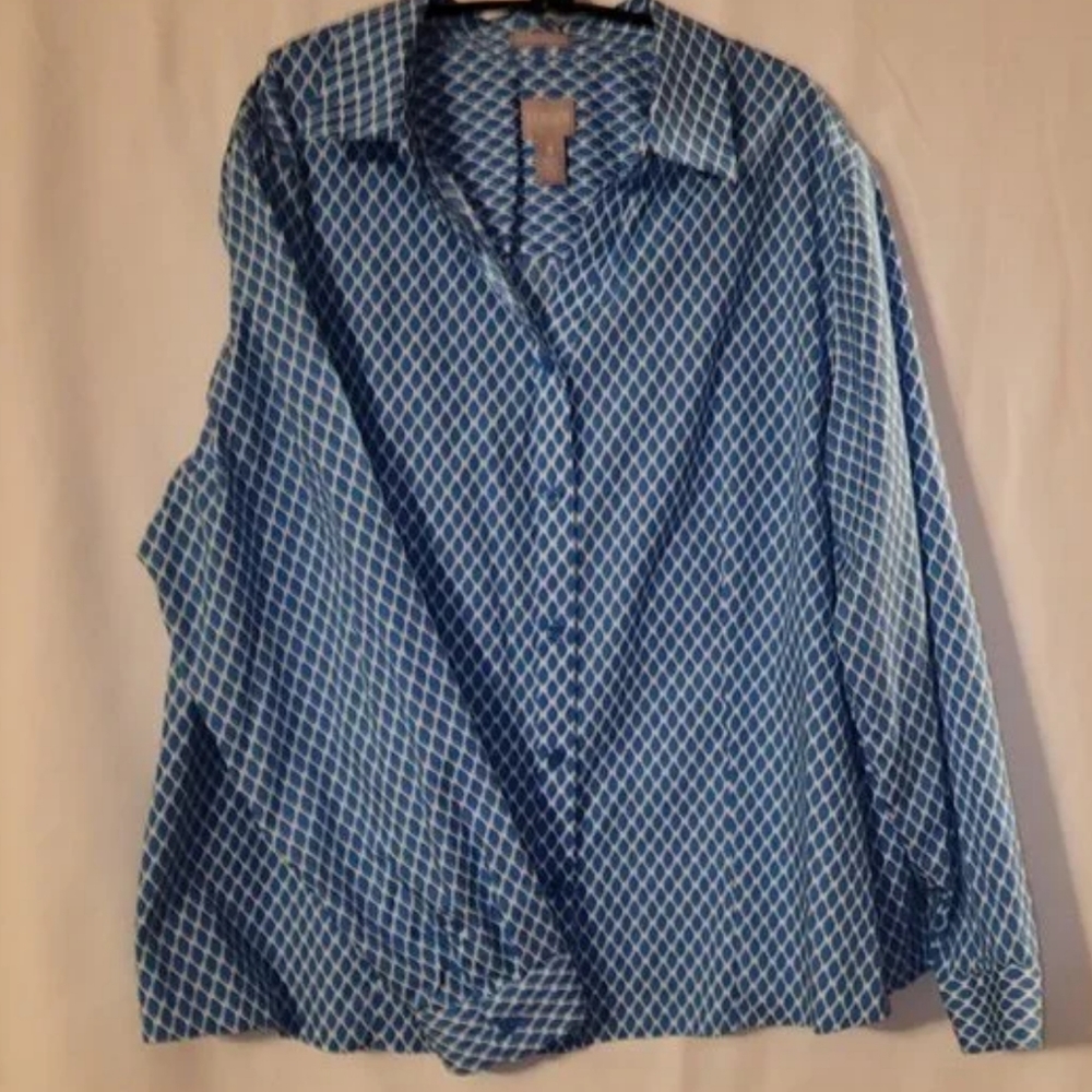 Chico’s Blue and White Pattern Shirt, 100% Cotton, Chico’s size 3 (16/18)